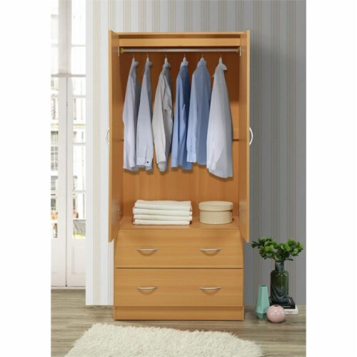 Hodedah 2-Door Armoire with 2-Drawers and Clothing Rod plus Mirror in Beige  Wood, 1 - City Market