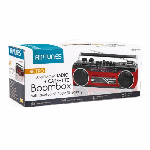 Riptunes Cassette Bluetooth Boombox, AM/FM/ SW-1-SW2, USB, SD, and AUX-in- Red Perspective: bottom