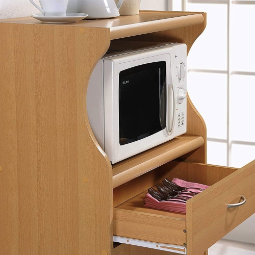 Hodedah Wheeled Microwave Island Cart with Drawer and Cabinet Storage, Beech Perspective: bottom