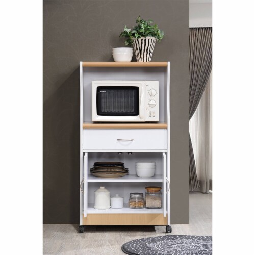 Hodedah Wheeled Kitchen Microwave Cart with Drawer and Cabinet Storage, White Perspective: bottom