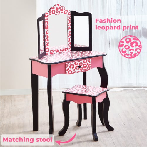 Teamson Kids Vanity Table and Stool Set in Black and Pink Leopard Perspective: bottom
