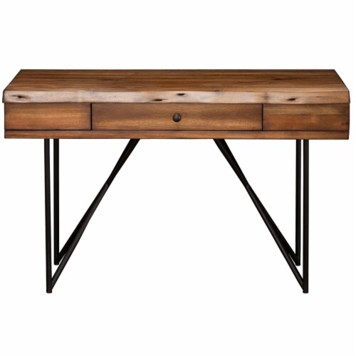 Alpine Furniture Live Edge 1 Drawer Wood Writing Desk in Light Walnut (Brown) Perspective: bottom