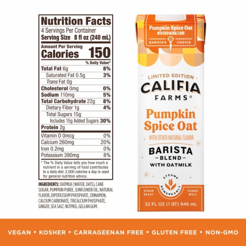 Califia Farms® Pumpkin Spice Oat Barista Blend with Oat Milk Perspective: bottom