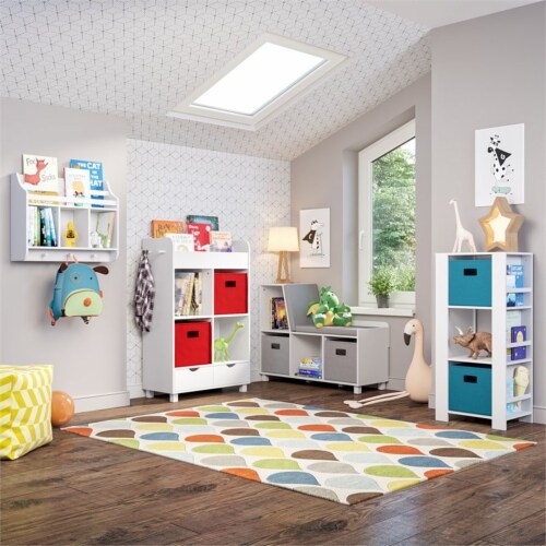 RiverRidge Book Nook Wood Kids Storage Bench with Cubbies in White/Yellow Perspective: bottom