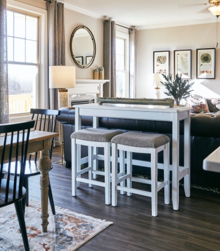 New Ridge Home Goods Traditional Wood Sofa Table with Two Stools in White Perspective: bottom