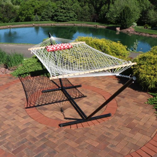Sunnydaze 2 Person Rope Hammock with Steel Stand and Pad Pillow Royal Red 48 Mariano s