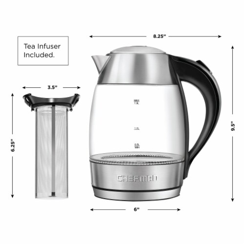 Chefman 1.7L Cordless Glass Electric Kettle with Removable Tea