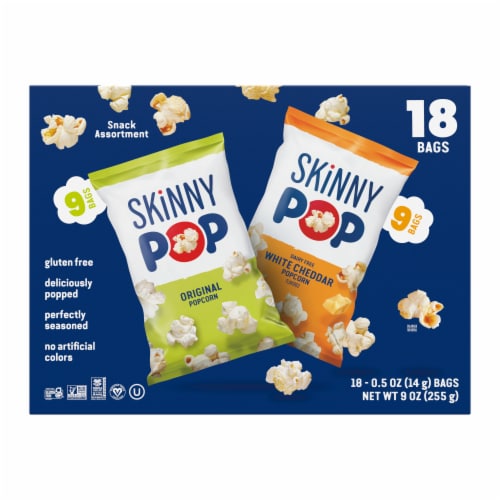 SkinnyPop Popcorn, Original and Dairy Free White Cheddar, 0.5oz Snack Size Bags (18 Count) Perspective: bottom