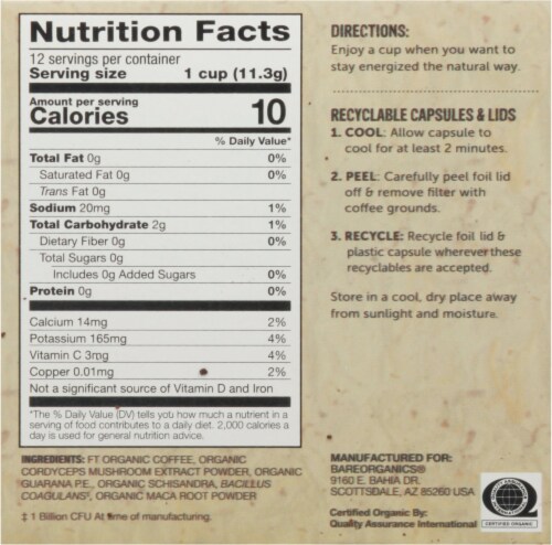 BareOrganics Energizing Coffee with Superfoods Medium Roast Single Serve Cups Perspective: bottom