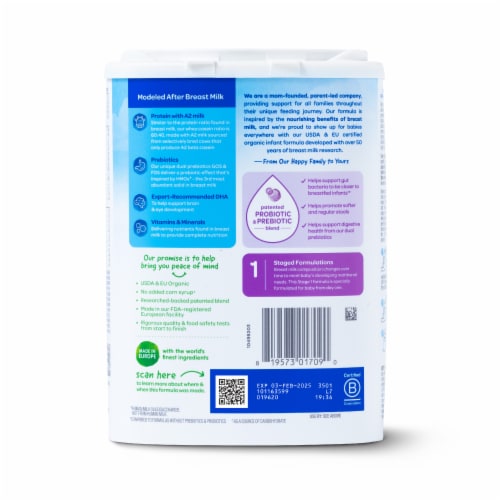 Happy Baby Organics Stage 1 A2 Organic Infant Formula Container Perspective: bottom