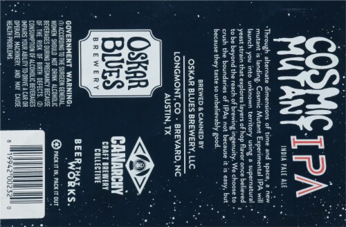 Oskar Blues Cosmic Mutant IPA Beer Perspective: bottom