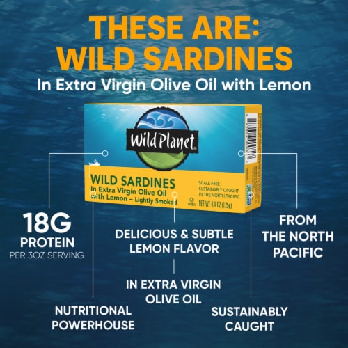 Wild Planet Wild Sardines in Extra Virgin Olive Oil with Lemon Lightly Smoked Perspective: bottom
