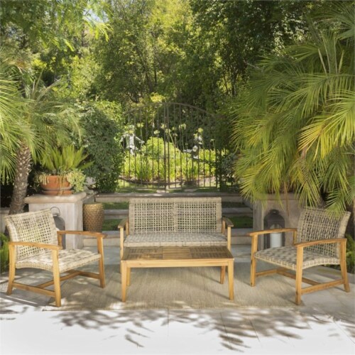 Noble House Hampton 4 Piece Outdoor Wicker Conversation Set in Gray Perspective: bottom