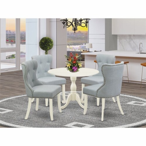 East West Furniture Dublin 5-piece Wood Dining Set in Linen White/Baby Blue Perspective: bottom