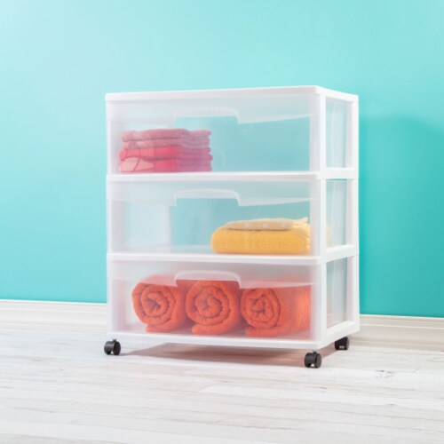 Sterilite At Home 3 Drawer Wide Storage Cart Container with Casters (4 Pack) Perspective: bottom