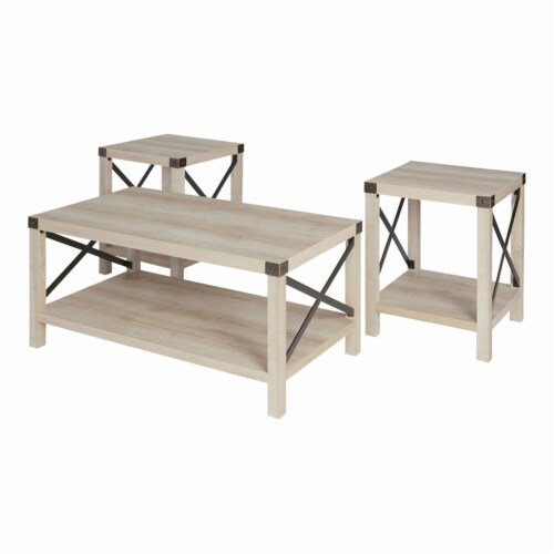 Walker Edison 3-Piece Rustic Wood and Metal Coffee Table Set in White Oak Perspective: bottom