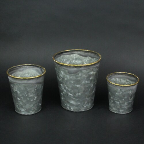 Set of 3 Galvanized Zinc Finish Primitive Buckets Hand Painted Metallic Gold Rims Perspective: bottom