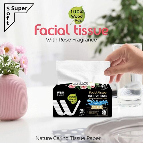 WBM Care Facial Tissue, Ultra Soft & Fragrant, Rose, 2-Ply | 200 Sheets/Box, Pack of 18 Perspective: bottom