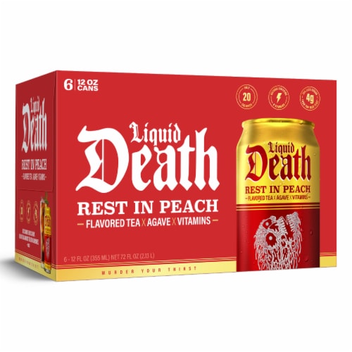 Liquid Death, Rest in Peach Iced Tea, Peach Flavored Back Tea Perspective: bottom