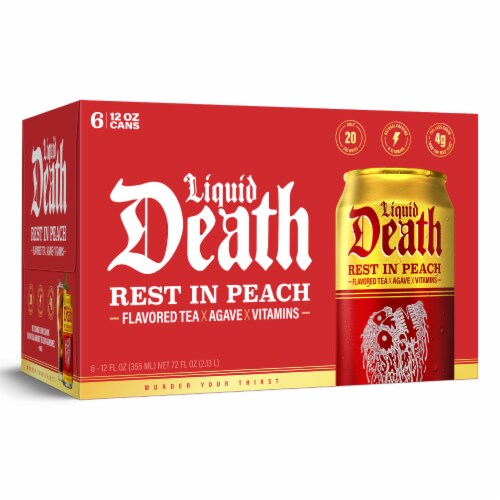 Liquid Death, Rest in Peach Iced Tea, Peach Flavored Back Tea Perspective: bottom