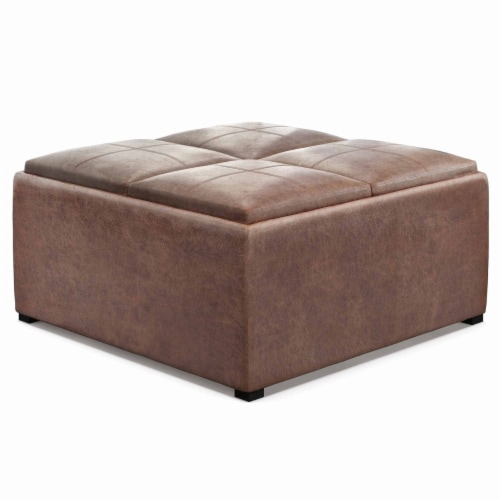 Simpli Home Avalon 35 Faux Leather Square Storage Ottoman in Denim