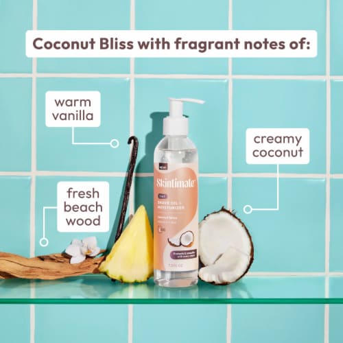 Skintimate 2 in 1 Shave Oil + Moisturizer Protects & Smooths Coconut Bliss Scent Perspective: bottom