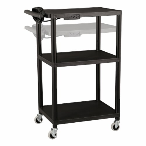 Adjustable-Height Mobile Black Plastic Utility AV Cart with Power Strip Perspective: bottom