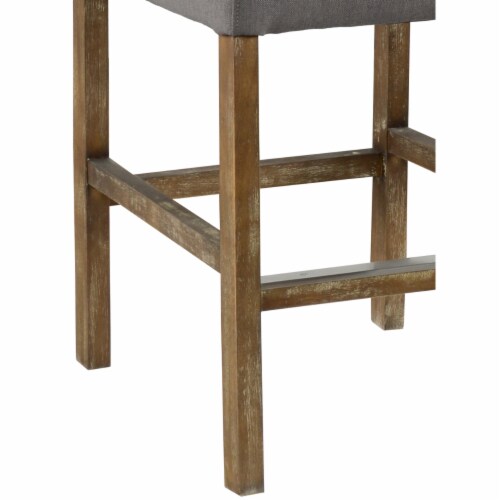 Wooden Counter Height Stool with Fabric Padded Seat and Tufted Wing Back, Gray and Brown- Perspective: bottom