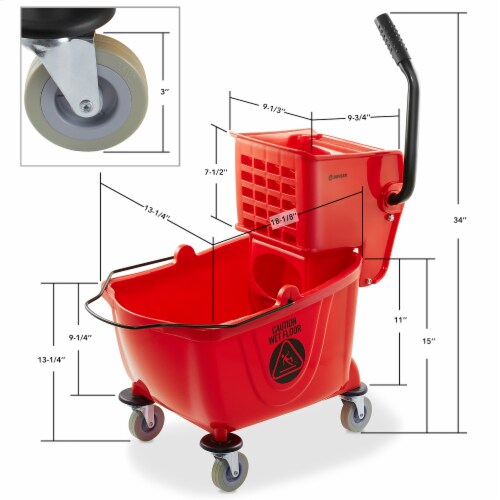 Dryser Commercial Mop Bucket with Side Press Wringer - 26 Quart, Red Perspective: bottom