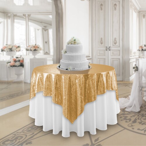 72 x 72 Gold Sequin Tablecloth Overlay, Sparkly Square Table Cloth Perspective: bottom