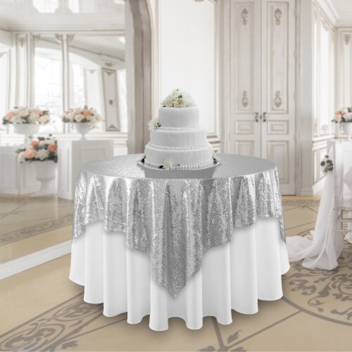 72 x 72 Silver Sequin Tablecloth Overlay, Sparkly Square Table Cloth Perspective: bottom