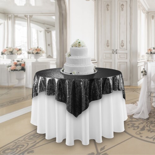 50 x 50 Black Sequin Tablecloth Overlay, Sparkly Square Table Cloth Perspective: bottom