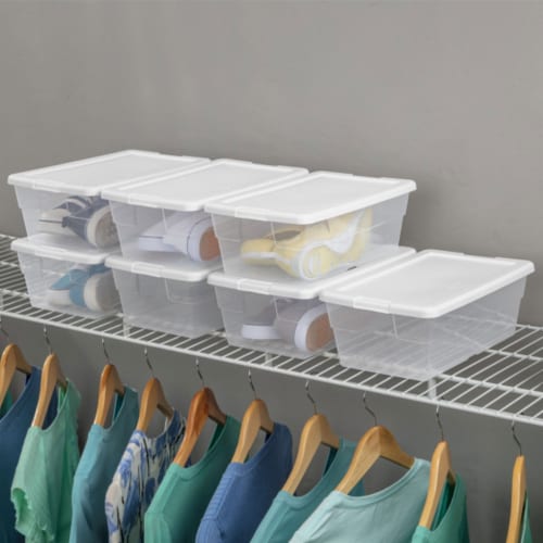 Sterilite Storage Box 6 Quart Plastic Container Organizer 1642 Indexed Lid Stackable White Lid with Clear Base, 12-Pack