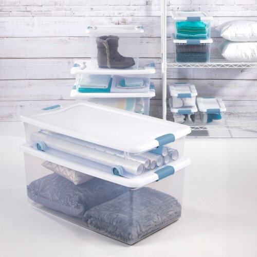 Sterilite 64 Qt Clear Plastic Stackable Storage Bin w/ White Latch Lid, 12 Pack Perspective: bottom