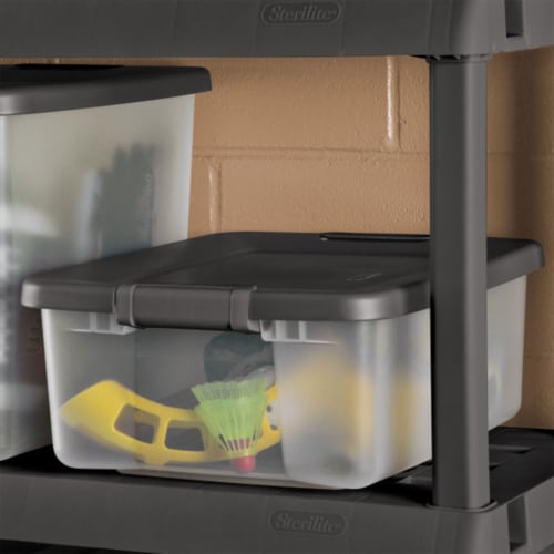 Sterilite 25 Quart Shelf Tote with Flat Gray Lid and Platinum Latches (12 Pack) Perspective: bottom