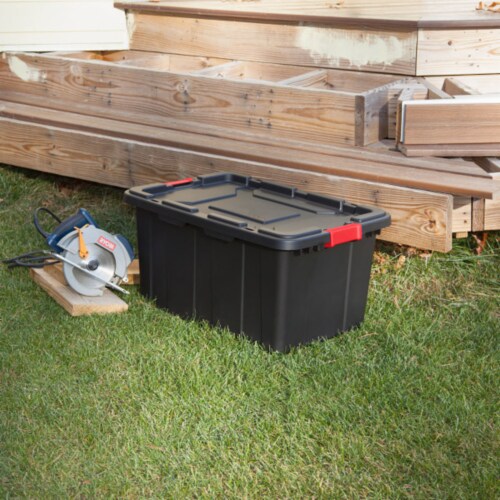 Sterilite 27 Gallon Durable Rugged Industrial Tote w/Red Latches, Black (8 Pack) Perspective: bottom