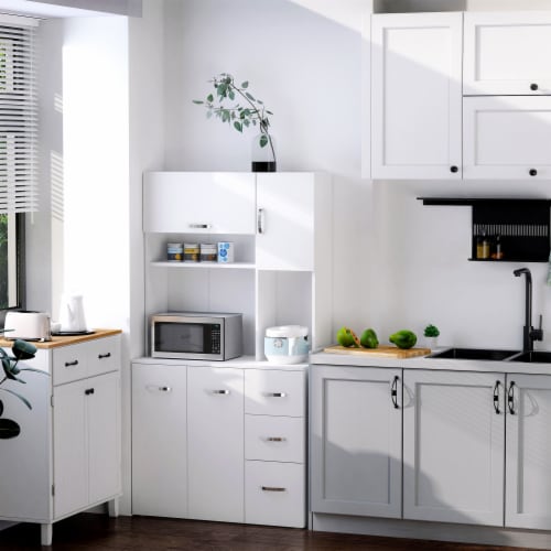 Freestanding Kitchen Storage Microwave Hutch Cupboard with 3 Cabinets, White Perspective: bottom
