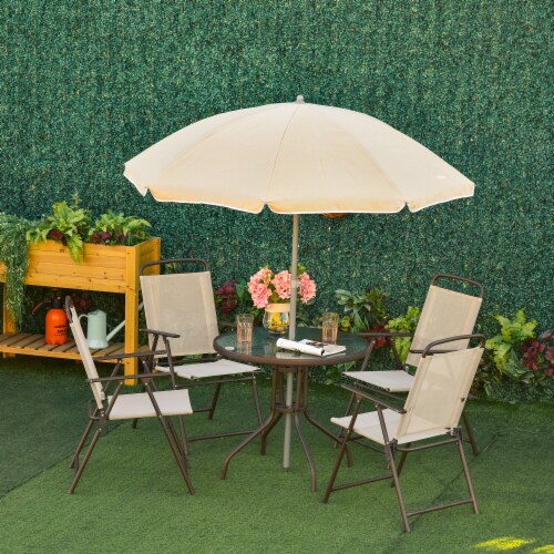 6 Piece Patio Dining Set with Umbrella 4 Folding Chairs Glass Table Beige 1 Unit Fred Meyer