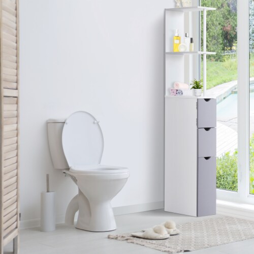 54  Tall Bathroom Linen 2-Tier Cabinet Shelf Storage Cupboard w/ Drawers, White Perspective: bottom