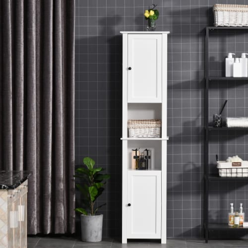 67” Wood Freestanding Bathroom Linen Tower Storage Unit Cabinet White Perspective: bottom