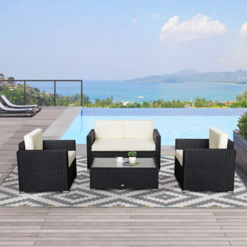 Outside Rattan Wicker Chair Loveseat Set for Patio w/ Glass Coffee Table, Black Perspective: bottom