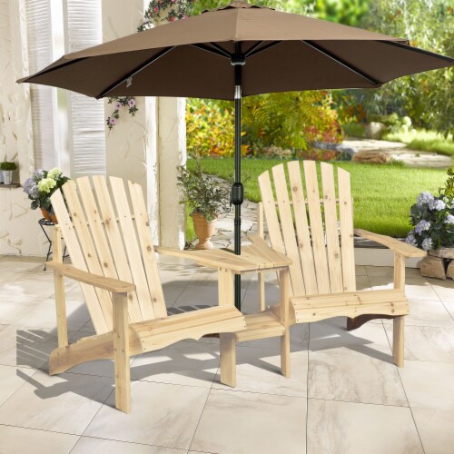 Outdoor Wood Adirondack Patio Chair w Center Table Umbrella Hole