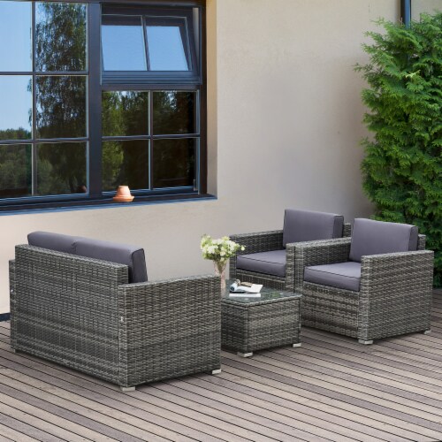 Outside Rattan Wicker Chair Loveseat Set for Patio w/ Glass Coffee Table, Grey Perspective: bottom