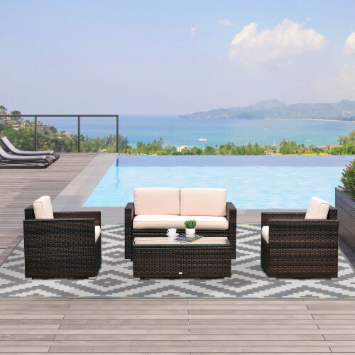Outside Rattan Wicker Chair Loveseat Set for Patio w/ Glass Coffee Table, Brown Perspective: bottom
