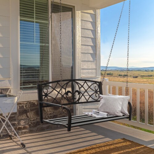 Metal Porch Swing Chair Hanging Bench Chair Fleur-De-Lis Design Yard Deck Perspective: bottom