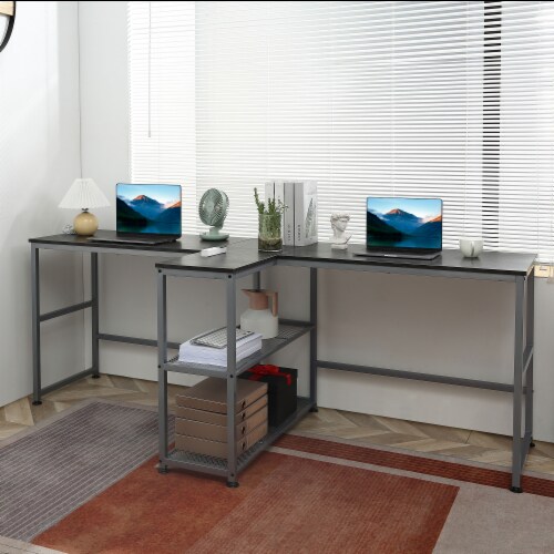 HOMCOM 83'' Two Person Desk with Storage Shelves, Computer Office