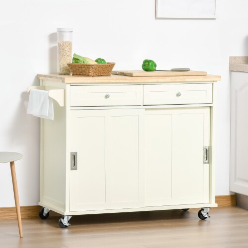 43  Kitchen Island Rolling Storage Cart w/ Wheels, Cabinet, Drawers, Cream White Perspective: bottom
