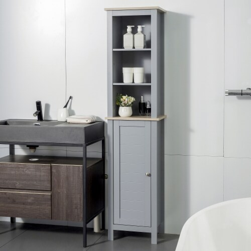 66  Grey Storage Organizer, Thin Bathroom Cabinet, Space Saver w/ 2 Tier Shelves Perspective: bottom