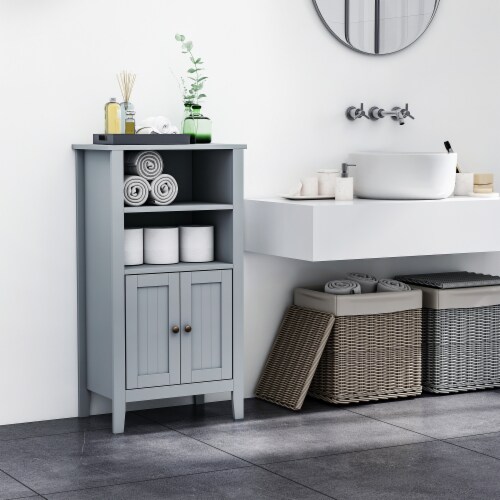 Freestanding Bathroom Linen Floor Cupboard with Multi-Tier Shelving and Tabletop Perspective: bottom