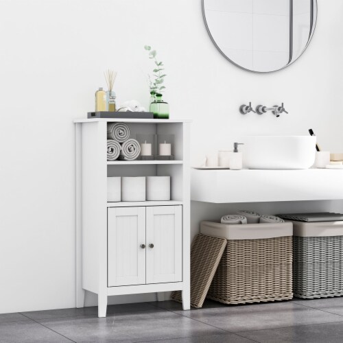 Freestanding Bathroom Linen Floor Cupboard with Multi-Tier Shelving and Tabletop Perspective: bottom